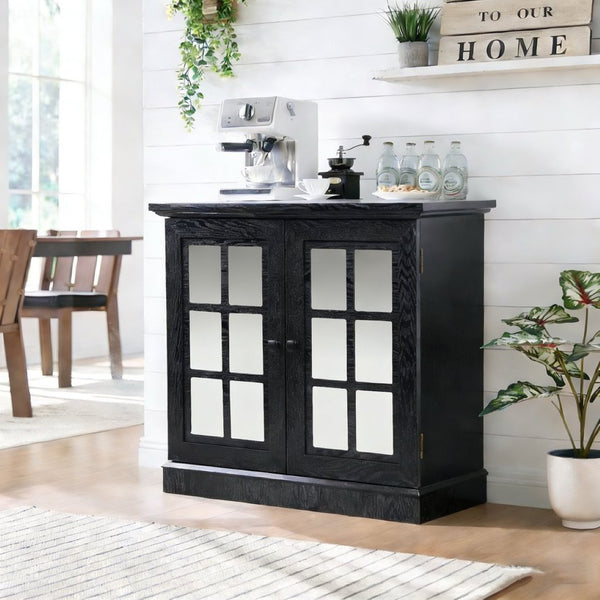 English Elm Storage Sideboard with Mirrored Acrylic Doors and Wood Grain Mdf Finish for Compact Rooms Black W2899P372748