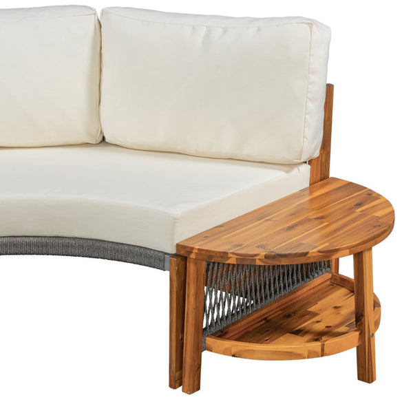 English Elm U_style Circular Patio Sofa Set Pp Rope Woven Steel Frame Acacia Wood Resort Lounge Beige WY000468AAA