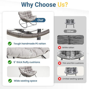 English Elm Dark Wicker Egg Rocking Chair with Ottoman Outdoor Pe Woven Patio Lounge Set Light Gray B082P455171