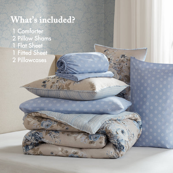 JLA Home Madison Park Essentials - 7 Piece Vintage-inspired Collection Floral Bedding Set with Reversible Comforter, Silky Microfiber Elegance Beige/Blue MPE10-1188