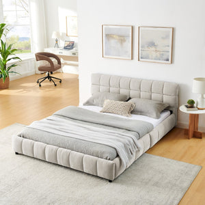 English Elm Queen Chenille Upholstered Platform Bed with Storage Drawers and Padded Headboard Beige W487P235287
