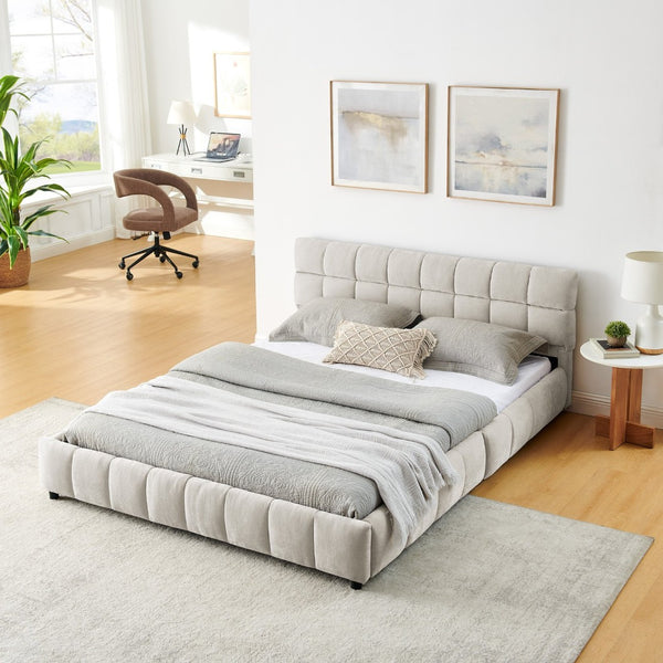 English Elm Queen Chenille Upholstered Platform Bed with Storage Drawers and Padded Headboard Beige W487P235287