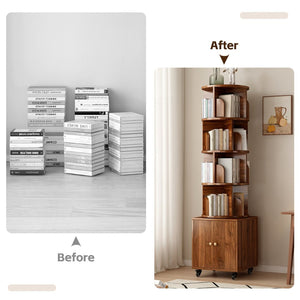 English Elm Rotating 360° Corner Bookshelf - 5-Tier Compact Storage Rack With Drawer For Small Spaces, Walnut W2641P329220-GIGA
