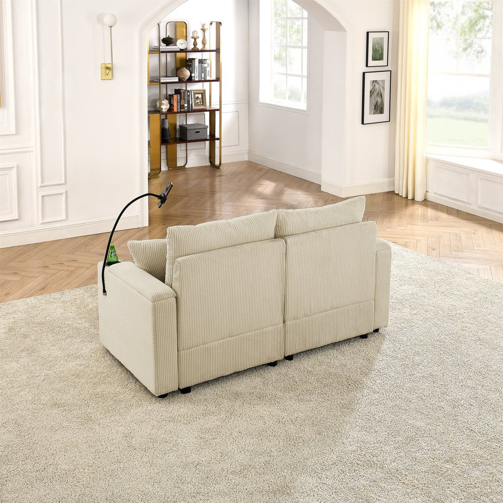 English Elm Modern Sofa Chair With Ottoman, Storage, Cup & Phone Holders - Plush Beige Corduroy Comfort Seat W1117S00203