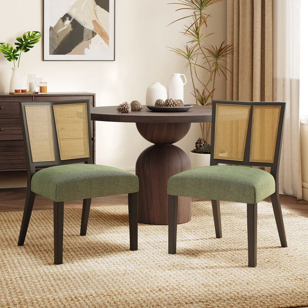 English Elm Christopher Knight Home® - Rattan Mid-Century Dining Chair Set of 2 with Woven Cane Back, Upholstered High-Density Seat Cushion Dark Brown,Green N771P254006L