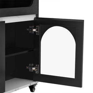 English Elm Trexm Rolling Kitchen Island Extendable Marble Top Cabinet Drawers Power Outlet Black,White Marble XW000029AAB