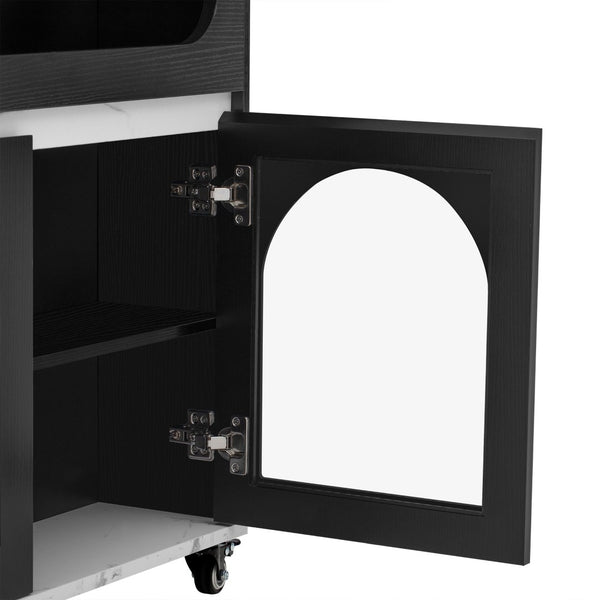 English Elm Trexm Rolling Kitchen Island Extendable Marble Top Cabinet Drawers Power Outlet Black,White Marble XW000029AAB