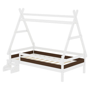 English Elm Twin House Shaped Platform Bed Solid Pine Frame with Built in Stairs for Kids W1580P354718