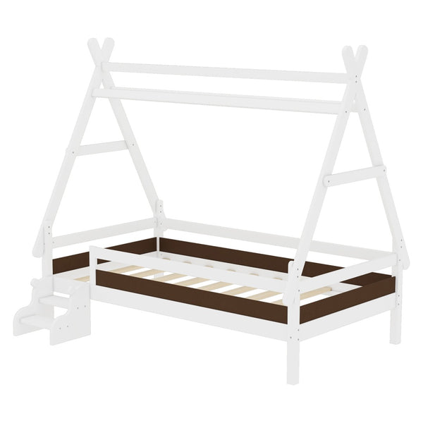 English Elm Twin House Shaped Platform Bed Solid Pine Frame with Built in Stairs for Kids W1580P354718