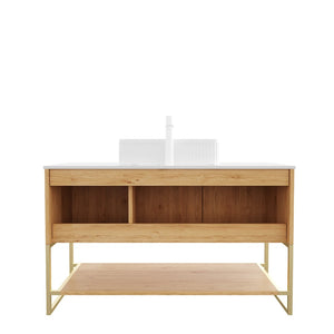 English Elm 48" Freestanding Bathroom Vanity Cabinet Sintered Stone Top Woodgrain Finish Open Shelf W2615S00463