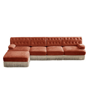 English Elm 135" Chesterfield Velvet Sectional with Tufted Back Tassel Skirt and Modular Living Room Design Red+Brown W714S01726