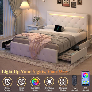 English Elm Full Size Pu Leather Storage Bed with Rgb Led Headboard and Charging Station White W5722P462437