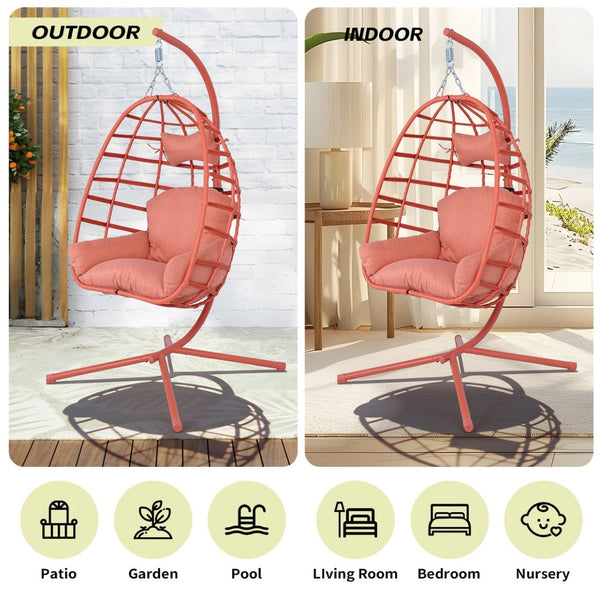 English Elm Egg Hanging Chair with Stand Pe Rattan Swing Seat Washable Cushion Patio Bedroom T5880P497442
