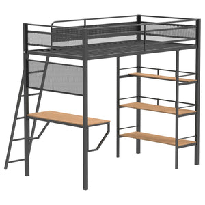 English Elm William Twin Loft Bed with Built-in Desk and Shelves Industrial Steel Frame B062S01720