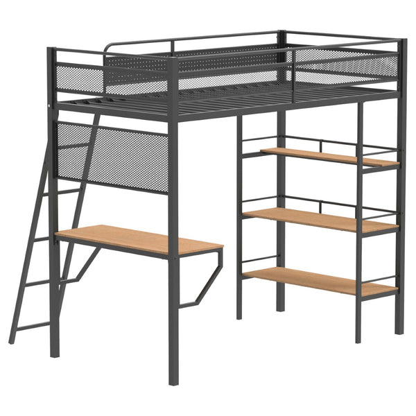 English Elm William Twin Loft Bed with Built-in Desk and Shelves Industrial Steel Frame B062S01720