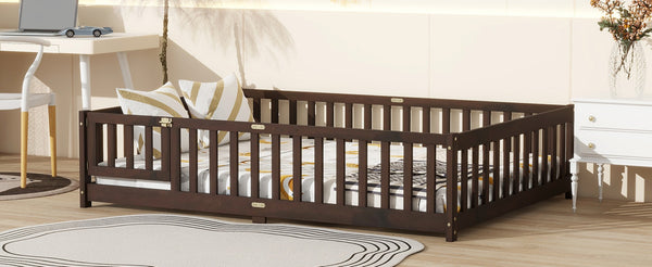 English Elm Full Size Rubberwood Floor Bed with Safety Guardrails and Latching Door for Toddlers Espresso W504P429302