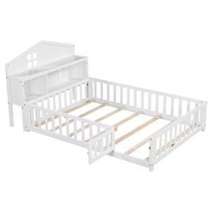 English Elm Full-size Montessori Floor Bed with Built-In Bookcase and Chalkboard, Space-Saving Solid Wood Platform for Kids White 56.3 L x 17.32 W x 5.31 H W1716S00012