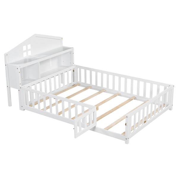 English Elm Full-size Montessori Floor Bed with Built-In Bookcase and Chalkboard, Space-Saving Solid Wood Platform for Kids White 56.3 L x 17.32 W x 5.31 H W1716S00012