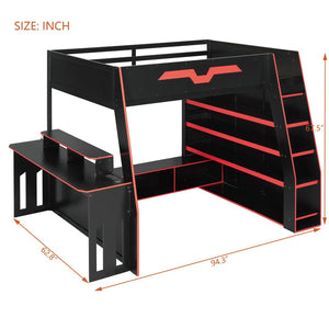 English Elm Full Size Wood Loft Bed with Rgb Lighting Desk and Multi-tier Shelves for Gaming Red LT000374AAR