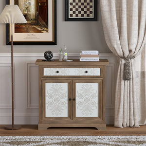 English Elm Rustic Boho Carved Accent Cabinet with Drawer & Removable Shelves, Distressed Sideboard Storage for Entryway W808P245579