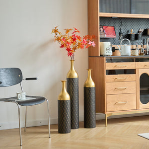 English Elm Black Black and Gold Metal Vase Set of 3 Tall Cylinder Floor Vases – Glam Textured Wedding & Home Décor W2796P278078