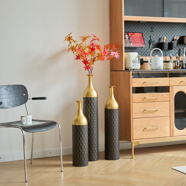 English Elm Black Black and Gold Metal Vase Set of 3 Tall Cylinder Floor Vases – Glam Textured Wedding & Home Décor W2796P278078