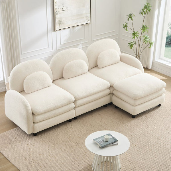 English Elm Teddy Fleece Modular Cloud Sofa Plush Curved Sectional with Ottoman for Living Room Beige White W5656S00082