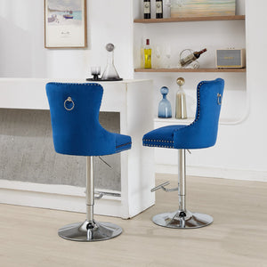 English Elm Thick Velvet Swivel Barstools Adjustable 25-33" Height with 17.7" Chrome Base, Tufted Diamond Pleat Elegance Blue W1143P335044