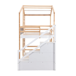 English Elm Twin Over Solid Pine House Bunk Bed with Blackboard Storage Staircase W495S00012