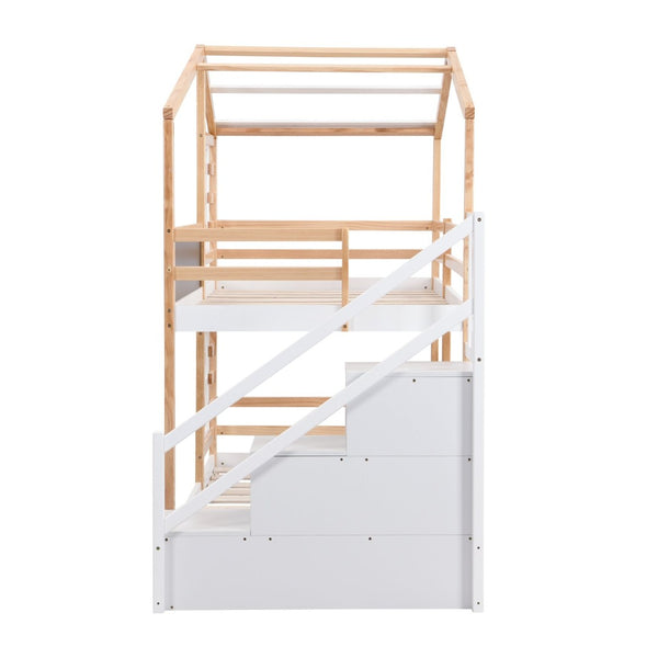 English Elm Twin Over Solid Pine House Bunk Bed with Blackboard Storage Staircase W495S00012