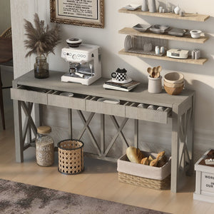 English Elm U_Style 60'' Acacia Veneer Console Table With 4 Drawers & Open Shelf - Modern Farmhouse Design! N711P289747D-GIGA