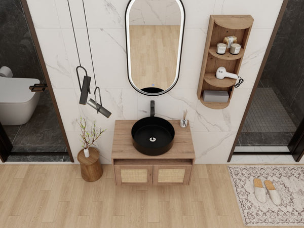 English Elm 30" Floating Bathroom Vanity Oak Finish Ceramic Vessel Sink Soft Close Plywood Cabinet W999S00502