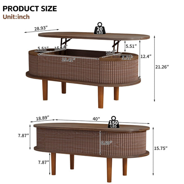 English Elm Fluted Oval Lift Top Coffee Table with Hidden Storage Mid-century Modern Living Room Walnut W2641P384388