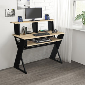 English Elm Natural Music Desk with Cord Management, Keyboard Tray, Hutch & Headphone Rack for Musicians - Efficient Organized Workspace, Natural/Black Finish B062P184577