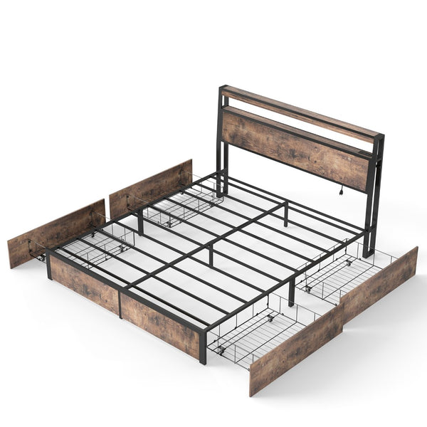 English Elm Queen Metal Platform Bed with Rgb Led Headboard Charging Station and Underbed Storage T3963P482749