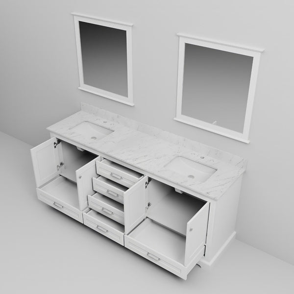 English Elm White Double Bath Vanity With Carrara Marble Top, Soft-Close Hardware, And Elegant Matching Mirrors B2731S00814-GIGA