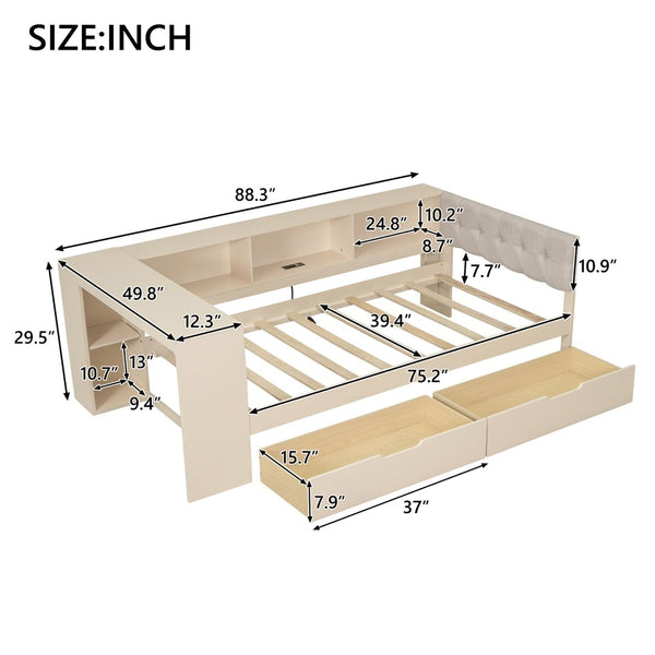 English Elm Wood Twin Size Platform Bed With Upholstered Headboard, Storage Drawers & Usb Charging Station GX002107AAC-GIGA