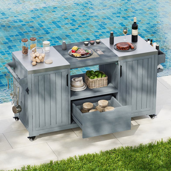 English Elm K&K 66.5" Outdoor Kitchen Island with 1.2" Stainless Steel Top, Ample Storage, Wheels & Bottle Opener Grey+Blue N707P250629G