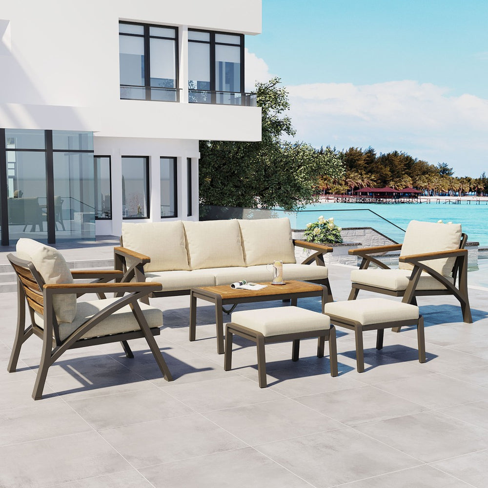 English Elm 6-piece Outdoor Conversation Set with Acacia Wood Accents and Steel Frame Patio Seating Brown,Cream Beige N704G201256A