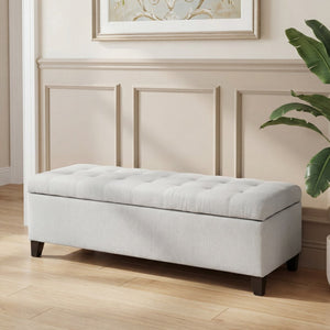 English Elm Upholstered Boucle Storage Bench Soft Close Flip Top Rubberwood Legs Bedroom Entryway Light Grey N779P395018L