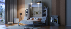 English Elm Queen Murphy Wall Bed with Led Lighting Open Shelves Drawers Space Saving Cabinet White LP000566AAK-3