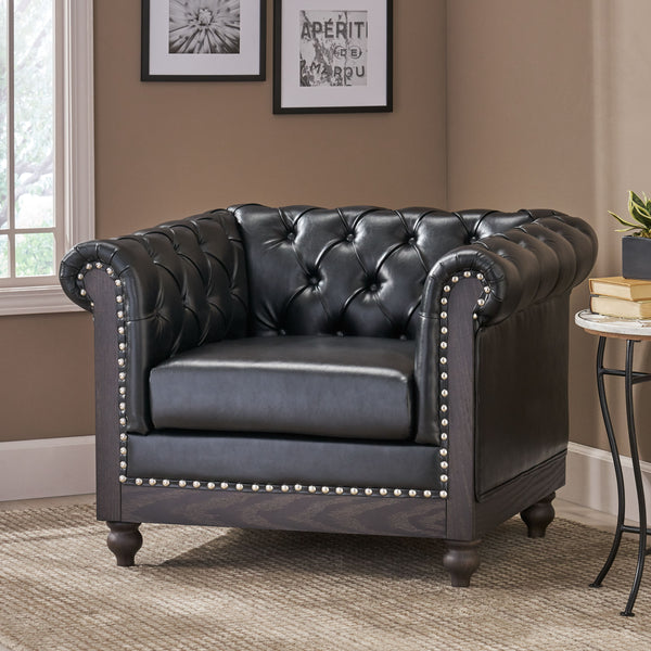 English Elm Christopher Knight Home® - CLUB Club Chair Chesterfield-Inspired Tufted PU Upholstery with Nailhead Trim, Scrolled Arms, Turned Legs Black 39.25 L x 34.25 W x 25 H 72069.00MDNT