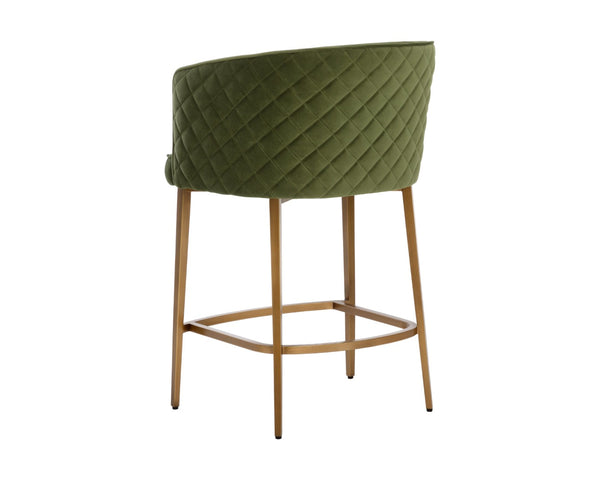 Sunpan CORNELLA Counter Stool - Elegant Meg Olive Upholstery with Diamond Stitching & Antique Brass Frame 109863
