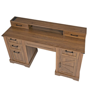 English Elm 59" Fluted Oak L-shaped Corner Desk with Charging Station Monitor Stand and File Storage Dark Walnut W2917S00007
