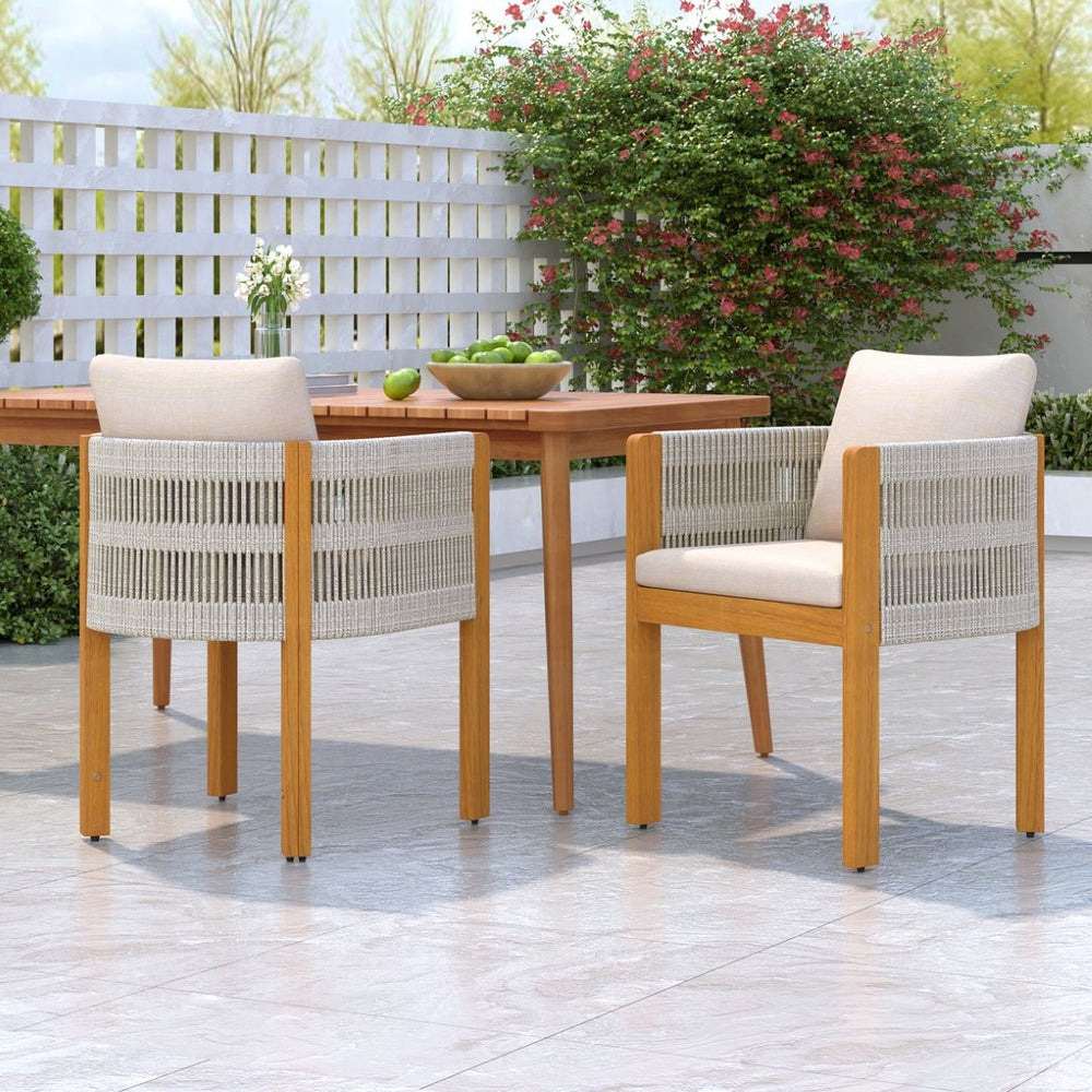 English Elm Acacia Wood Outdoor Dining Chair Set with Rope Arms and Waterproof Cushions N779P279983W