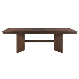 English Elm Walnut Veneer Six Piece Dining Set with Extension Leaf Trestle Table and Upholstered Chairs B011S01381
