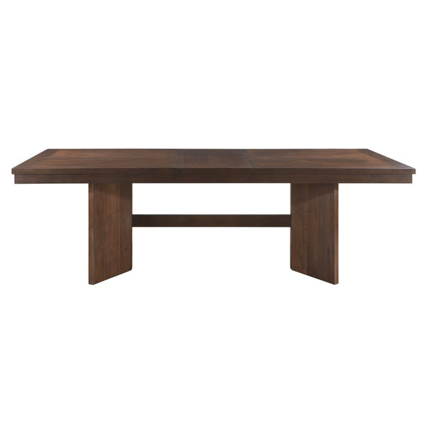 English Elm Walnut Veneer Six Piece Dining Set with Extension Leaf Trestle Table and Upholstered Chairs B011S01381
