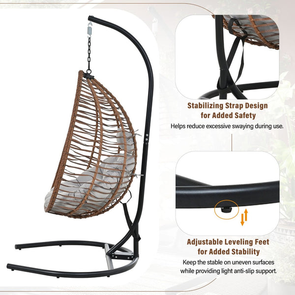 English Elm U_style Wicker Hanging Egg Chair with Stand Foldable Indoor Outdoor Swing Seat Brown+Gray N711P389502G
