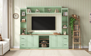 English Elm Unique Low Profile Media Console with Led Lighting Glass Shelves Fits Tvs to 105 Mint Green N721S000077M