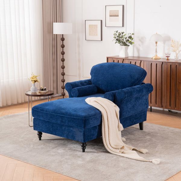 English Elm [New] Oversized Chaise Lounge Indoor Chenille Sleeper Recliner Armchair with Wide Foam Seat & Pillows Blue W2363S00084